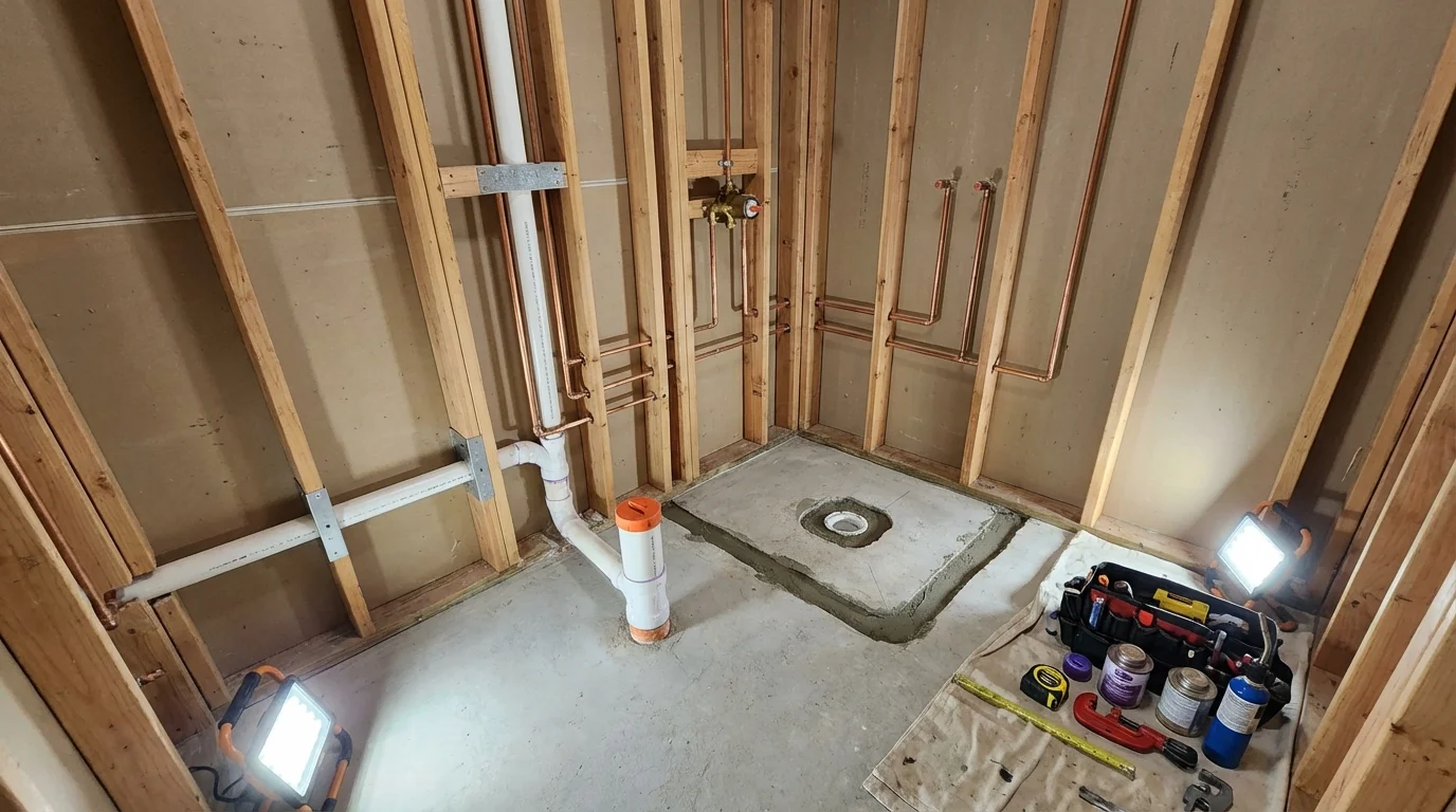 Bathroom rough-in plumbing during remodel by Johns Plumbing LLC in Verdi